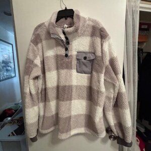 Chicyea Women’s XL Plaid  White Fleece Pullover Sweater Plush Long Sleeve